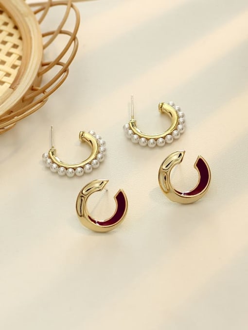 claret Copper Imitation Pearl Geometric Minimalist Stud Trend Korean Fashion Earring