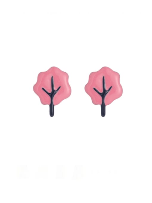 Pink Trees Brass Enamel Plant Series Minimalist Stud Earring