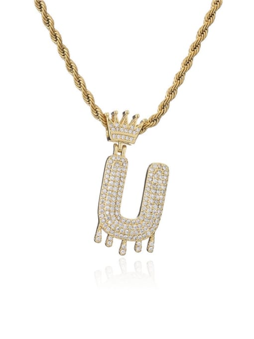 U Brass Cubic Zirconia Crown Hip Hop Letter Pendant Necklace