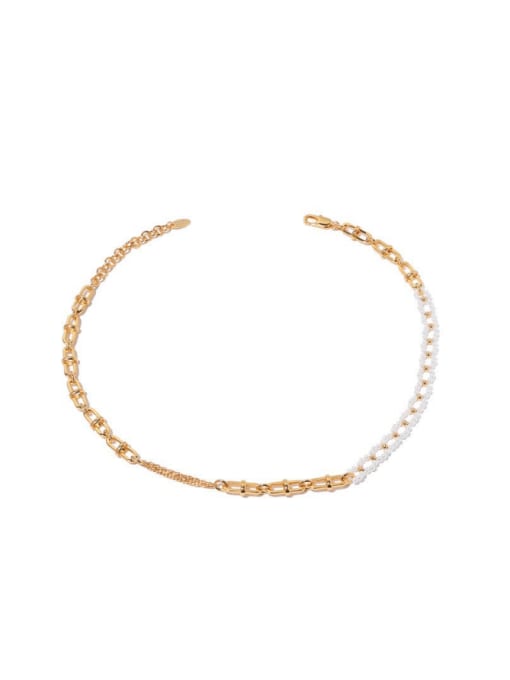 ACCA Brass Imitation Pearl Geometric Hip Hop Asymmetrical Chain Necklace 0