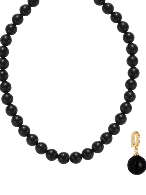 Black agate 8MM gold buckle pendant Brass Imitation Pearl Geometric Vintage Beaded Necklace