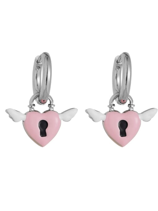 Pink Brass Enamel Wing Heart Cute Huggie Earring