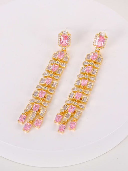 Pink Brass Cubic Zirconia Geometric Tassel Long Luxury Cluster Earring