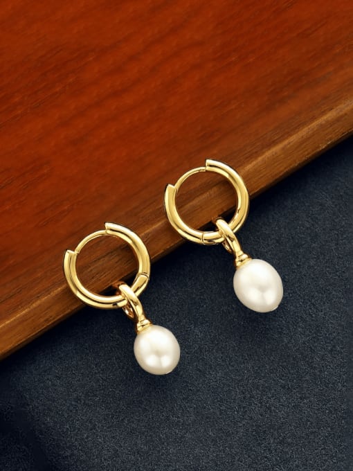 Five Color Brass Imitation Pearl Geometric Minimalist Huggie Earring 0