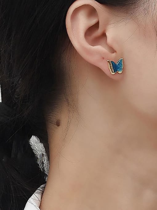 14K  gold blue Brass Butterfly Dainty Stud Trend Korean Fashion Earring
