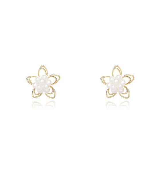 14K  gold Copper Imitation Pearl Flower Minimalist Stud Trend Korean Fashion Earring