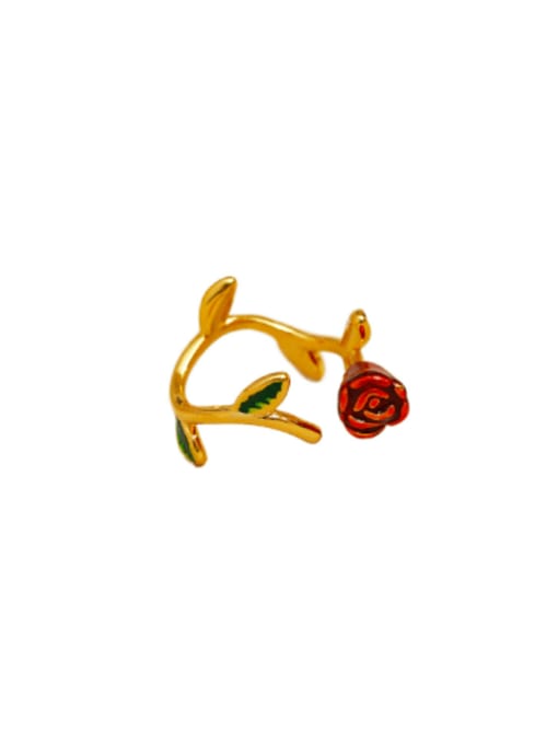 18K Gold Red Flower Green Leaf Brass Enamel Rosary Cute Band Ring