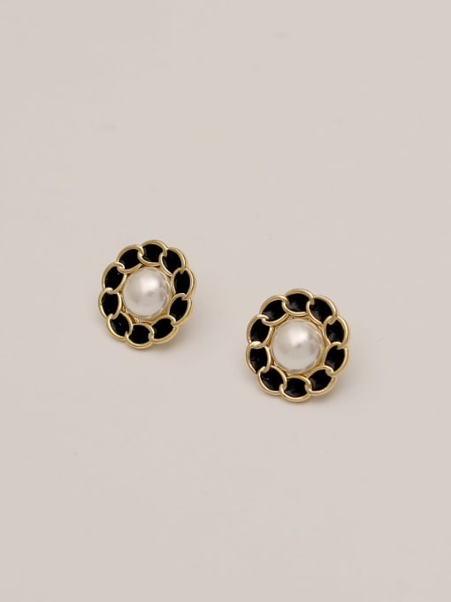14k Gold Black Brass Imitation Pearl Enamel Geometric Vintage Stud Trend Korean Fashion Earring