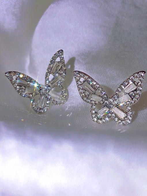 White Mixed Metal Rhinestone White Butterfly Classic Stud Earring