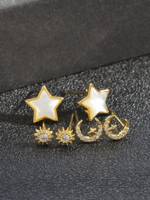 YOUH Brass Cubic Zirconia Star Moon Minimalist Stud Earring Set 3