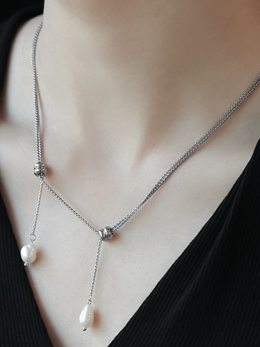TINGS Titanium Steel Imitation Pearl Tassel Minimalist Long Strand Necklace 1