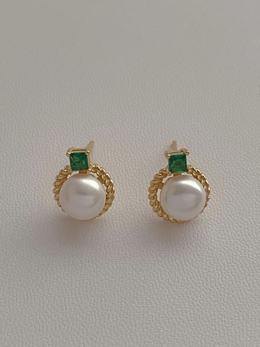 Green zircon pearl earrings Brass Imitation Pearl Geometric Minimalist Stud Earring
