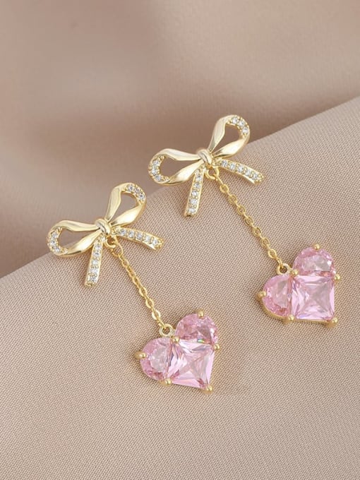 Gold ED66449 Brass Cubic Zirconia Pink Heart Dainty Drop Earring