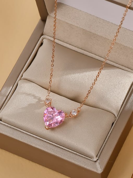 Rose Gold X001 Brass Cubic Zirconia Pink Heart Dainty Necklace