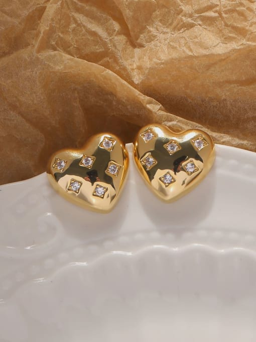14k gold Brass Cubic Zirconia Heart Vintage Stud Earring