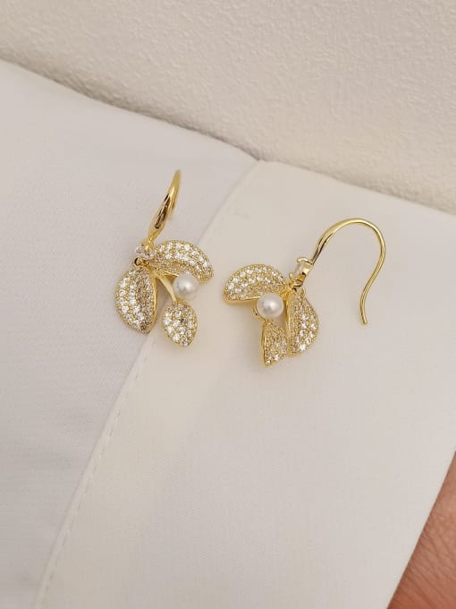14k Gold Brass Cubic Zirconia Leaf Vintage Hook Earring