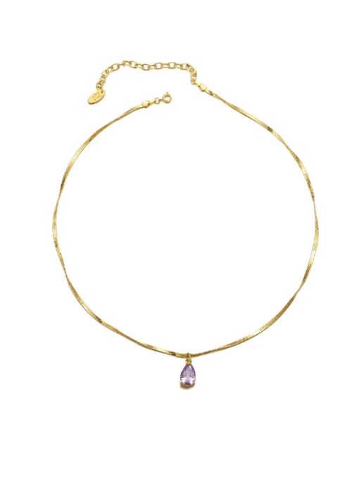 Purple Droplet Shaped Zircon Necklace Brass Cubic Zirconia Water Drop Vintage Necklace