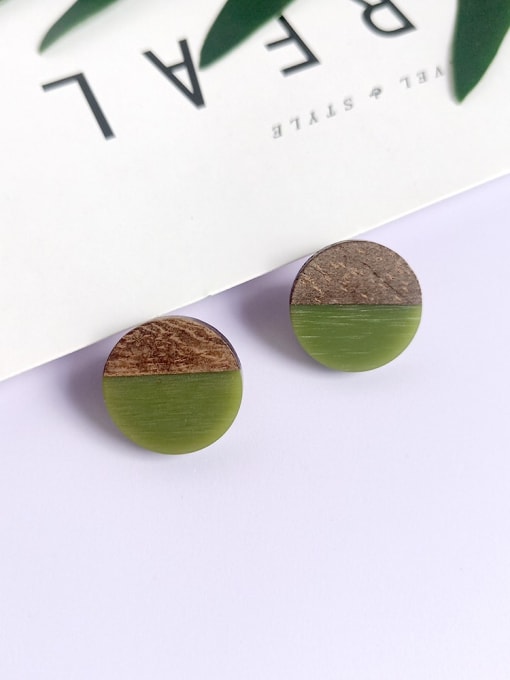 Green round wood resin splicing Resin Heart Vintage wood color matching Stud Earring/Multi-Color Optional