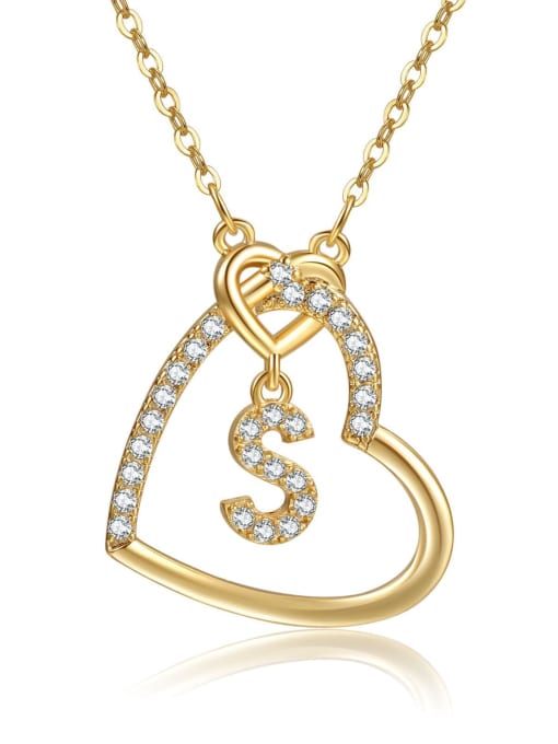 S gold Brass Cubic Zirconia Heart Minimalist  Letter Pendant Necklace