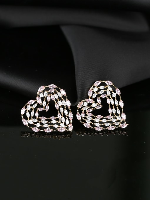 Pink love Brass Cubic Zirconia Hollow Heart Luxury Cluster Earring