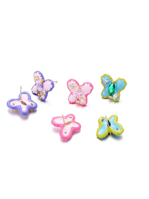 Five Color Brass Multi Color Enamel Butterfly Cute Stud Earring 3