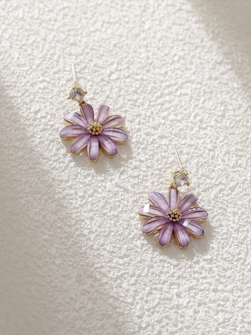 14k Gold +Purple Brass Resin Flower Minimalist Stud Earring