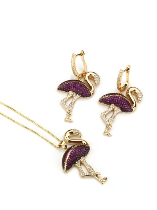 renchi Brass Flamingo Cubic Zirconia Earring and Necklace Set