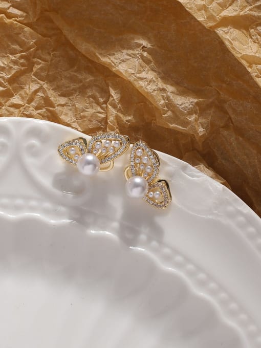HYACINTH Brass Imitation Pearl Butterfly Trend Stud Earring 2