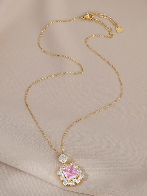 Gold XL62768 Brass Cubic Zirconia Pink Geometric Dainty Necklace