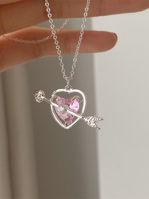 Steel color XL00090 Brass Cubic Zirconia Pink Heart Dainty Necklace