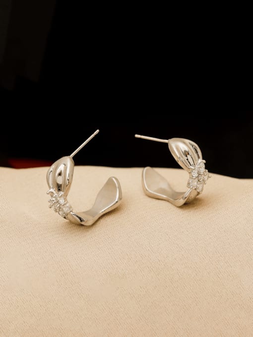 Palladium White K Brass Cubic Zirconia Geometric Minimalist Stud Earring
