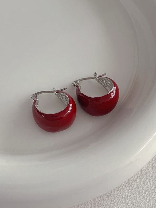 Wine red oil drip ear buckle Brass Enamel Geometric Minimalist Huggie Earring