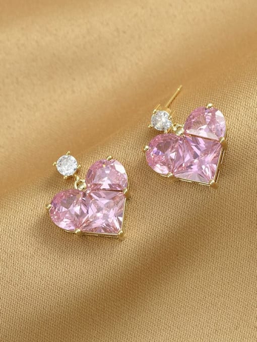 Large gold ED65480 Brass Cubic Zirconia Pink Heart Dainty Stud Earring