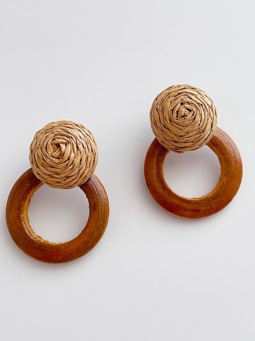Hollow round wood Lafite Earrings Zinc Alloy Wood Geometric Hip Hop Pure handmade Weave Earring