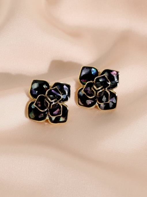 14k Gold+ Black Brass Enamel Flower Minimalist Stud Earring