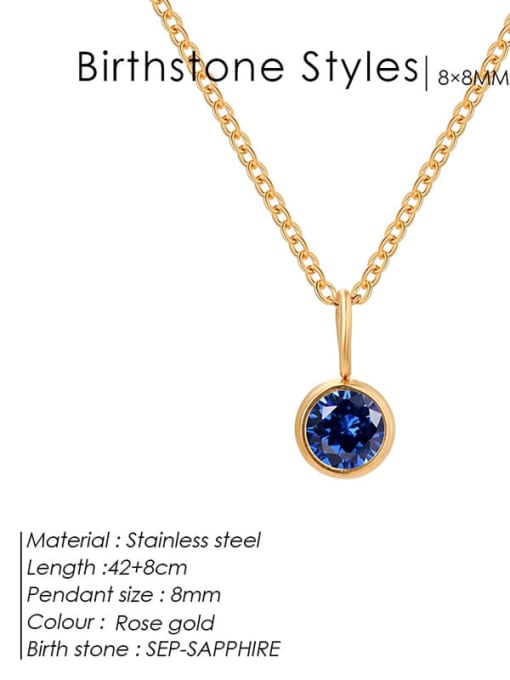 September Royal Blue Rose Gold Stainless steel Cubic Zirconia Round Minimalist Necklace