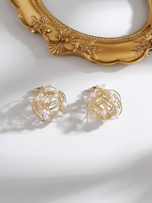 gold Copper Imitation Pearl  Hollow  Heart Cute bird nest Stud Trend Korean Fashion Earring