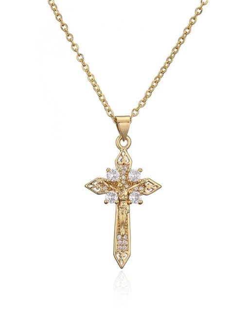 20698 Brass Cubic Zirconia Cross Vintage Regligious Necklace