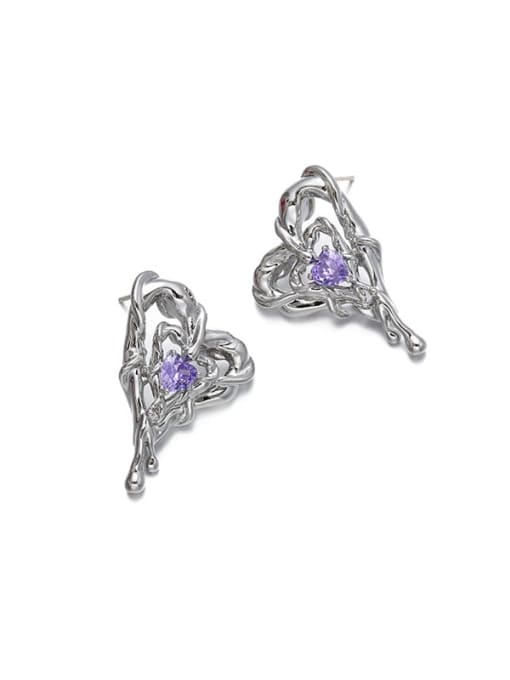 Love Earrings Brass Cubic Zirconia Purple Heart Dainty Stud Earring