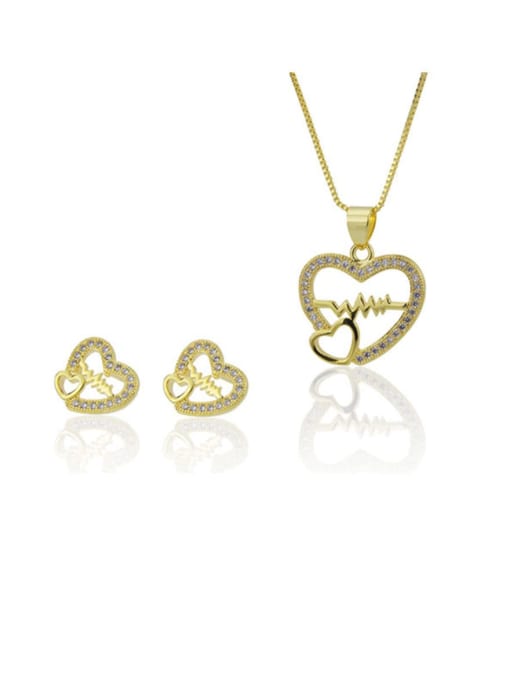 golden Brass Rhinestone Dainty Heart  Earring and Necklace Set