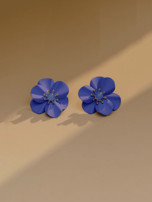 blue Brass Enamel Flower Minimalist Stud Earring