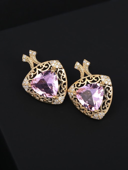 Pink Brass Cubic Zirconia Heart Luxury Stud Earring
