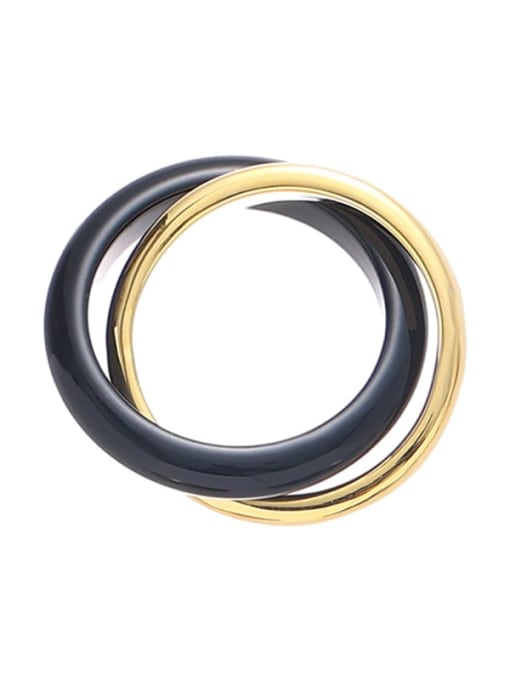 Black Agate Gold Ring Brass Enamel Geometric Vintage Stackable Ring