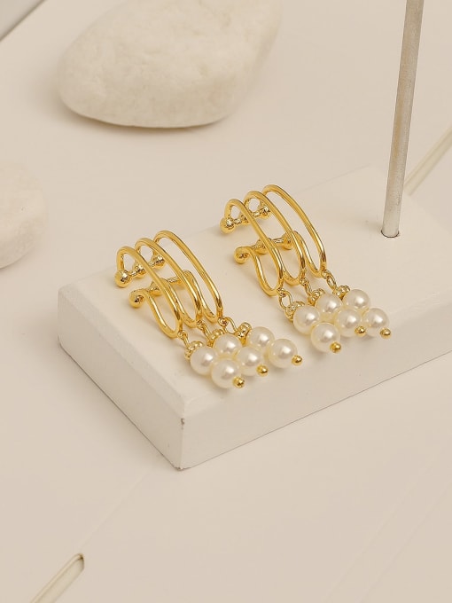 14k Gold Brass Imitation Pearl Tassel Vintage Clip Trend Korean Fashion Earring