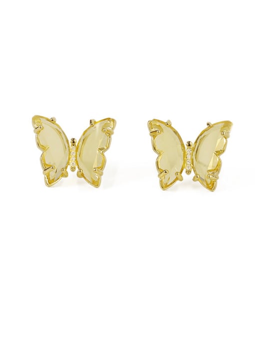 Yellow Earrings Brass Glass Stone Butterfly Minimalist Pendant Necklace