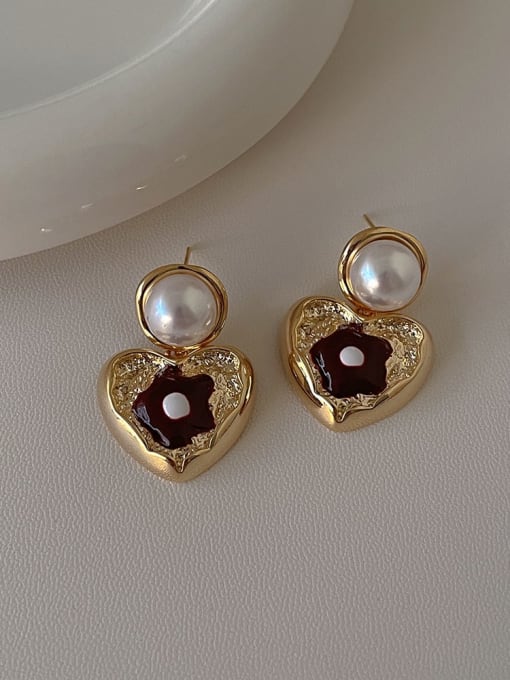 Wine red drop oil flower heart earrings Brass Enamel Heart Minimalist Drop Earring