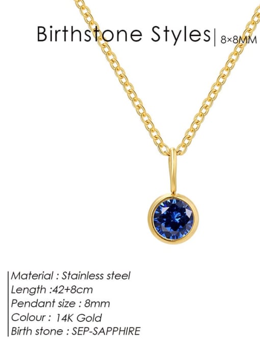 September Royal Blue Gold Stainless steel Cubic Zirconia Round Minimalist Necklace