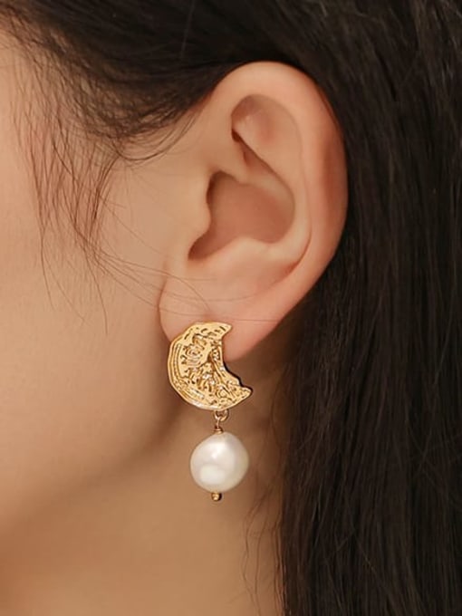 Five Color Brass Imitation Pearl Moon Minimalist Drop Earring 1