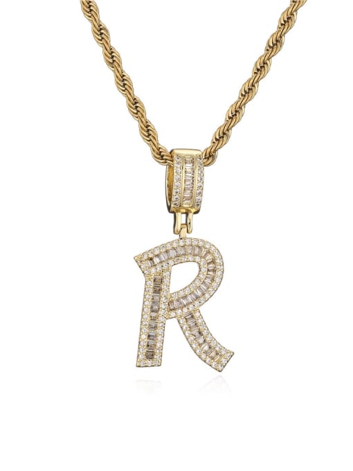 R Brass Cubic Zirconia  Vintage  Letter  Pendant Necklace