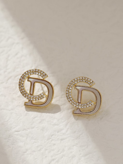 14k Gold Brass Cubic Zirconia Letter Minimalist Stud Earring